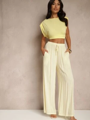Jasnożółte Szerokie Spodnie High Waist z Gumką w Talii Ilnena
