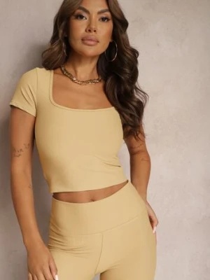 Jasnożółty Casualowy Top Bluzka z Prążkowanego Materiału Wykończony Kwadratowym Dekoltem Vimarithia by swan