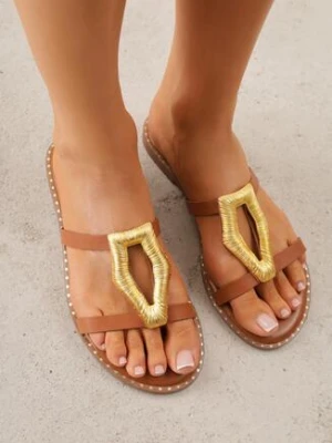 Jasonobrązowe Klapki VICES z Dwoma Paskami i Aplikacją o Nieregularnym Kształcie Taliria