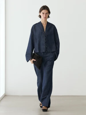 Jeansowa Koszula Total Look Z Lnem - Ciemnoniebieski - - Massimo Dutti - Kobieta