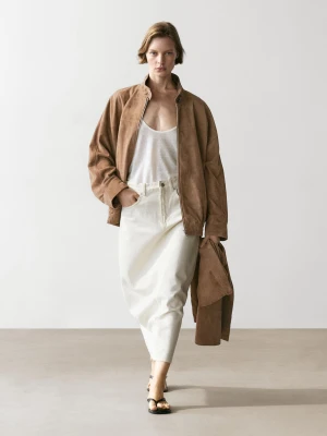 Jeansowa Spódnica Średniej Długości O Kroju Barrel Fit - Surowy - - Massimo Dutti - Kobieta