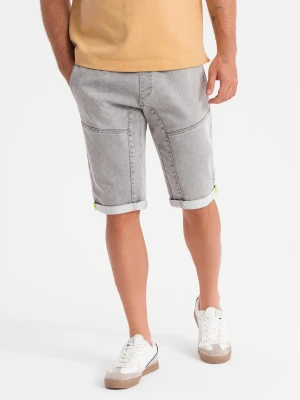 Jeansowe krótkie spodenki męskie z ozdobnymi przeszyciami - jasnoszare V1 - Rozmiar: M Ombre Clothing