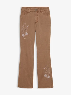 Jeansy bootcut z haftem, z elastycznej mieszanki bawełny BonPrix brązowy