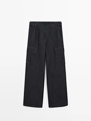 Jeansy Cargo Z Lnem - Ciemnoniebieski - - Massimo Dutti - Kobieta