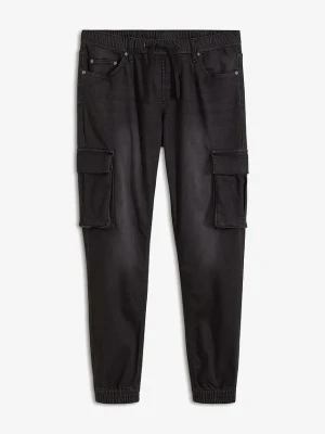 Jeansy dresowe z kieszeniami cargo, slim fit, straight, z gumką w talii BonPrix czarny