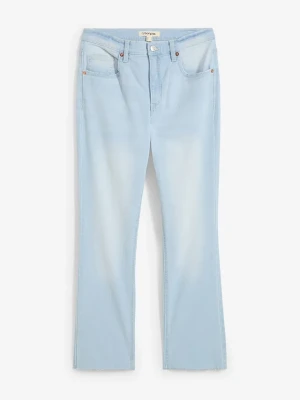 Jeansy flared, high waist, cropped BonPrix niebieski