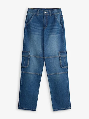Jeansy loose fit, cargo z regulowanym pasem, straight BonPrix niebieski