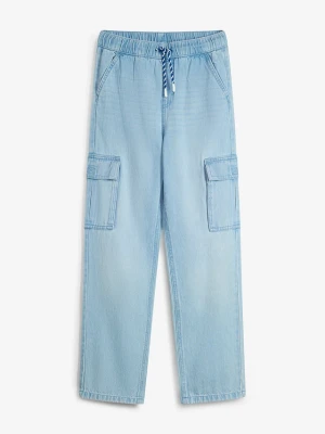 Jeansy loose fit, z gumką w talii, z kieszeniami cargo, straight BonPrix niebieski