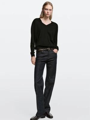 Jeansy O Prostym Kroju Z Niskim Stanem, Zamsz - Ciemnoniebieski - Massimo Dutti - Female