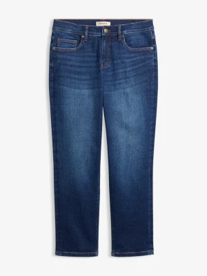 Jeansy mom, mid waist, cropped BonPrix niebieski