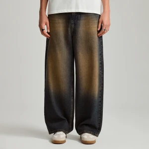 Jeansy supper baggy fit z efektem sandwash brązowo-granatowe House