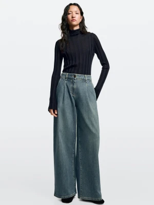 Jeansy Szerokie Nogawki Wysoki Stan Total Look - Niebieski - Massimo Dutti - Female