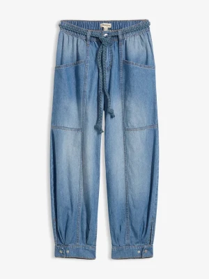 Jeansy typu barrel, mid waist z wygodnym pasem BonPrix niebieski