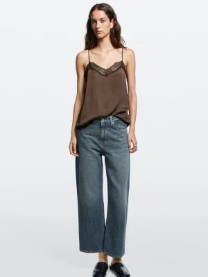 Jeansy Wide Leg Cropped Ze Średnim Stanem - Średni Niebieski - Massimo Dutti - Female