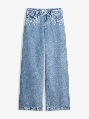 Jeansy wide leg, mid waist, z bawełny BonPrix niebieski