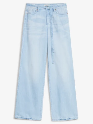Jeansy wide leg, mid waist, z paskiem BonPrix niebieski