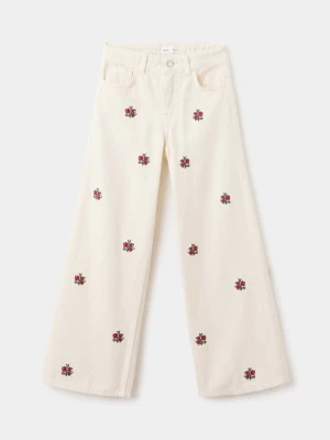 Jeansy wide leg z haftem kwiatowym kremowy / écru - Dzieci - MANGO KIDS beżowy