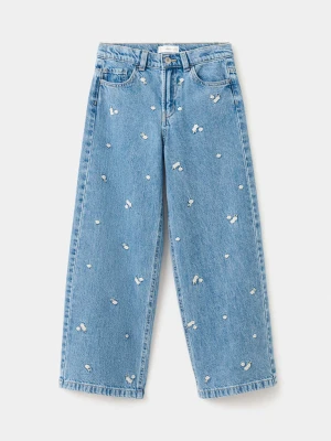 Jeansy wide leg z haftem kwiatowym średni niebieski - Dzieci - - MANGO KIDS