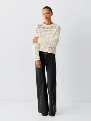 Jeansy wide leg z oczkami z boku black denim - Teen - MANGO TEEN