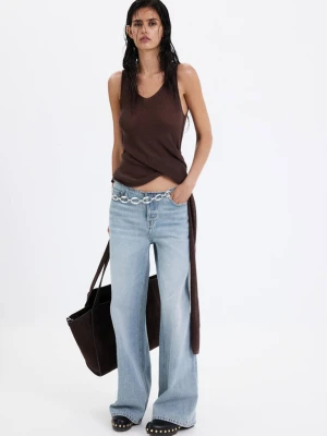 Jeansy wide leg z postrzępioną talią średni niebieski - Kobieta - - MANGO