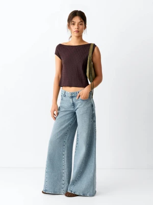 Jeansy wide leg z przeszyciami i ćwiekami średni niebieski - Teen - MANGO TEEN