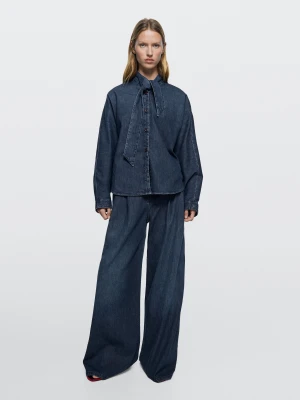Jeansy Wide Leg Z Wysokim Stanem I Zakładkami - Ciemnoniebieski - - Massimo Dutti - Kobieta