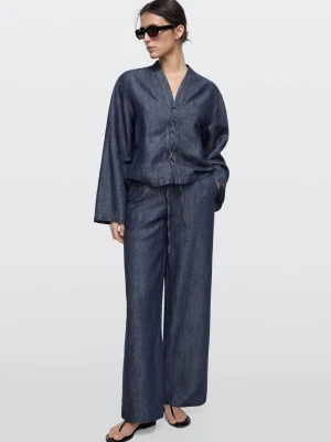 Jeansy Z Szerokimi Nogawkami Z Lnem, Total Look - Ciemnoniebieski - - Massimo Dutti - Kobieta