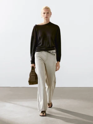Jeansy Ze Średnim Stanem I Szerokimi Nogawkami - Beżowy - - Massimo Dutti - Kobieta