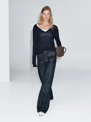 Jeansy Ze Średnim Stanem I Szerokimi Nogawkami - Średni Niebieski - - Massimo Dutti - Kobieta