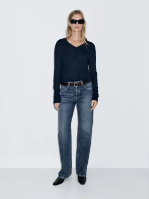 Jeansy Ze Średnim Stanem I Szerokimi Nogawkami - Średni Niebieski - - Massimo Dutti - Kobieta
