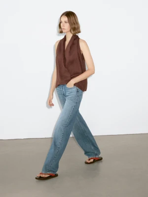 Jeansy Ze Średnim Stanem, Szerokimi Nogawkami I Ćwiekami - Średni Niebieski - - Massimo Dutti - Kobieta