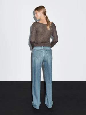 Jeansy Ze Średnim Stanem, Szerokimi Nogawkami I Ćwiekami - Średni Niebieski - - Massimo Dutti - Kobieta
