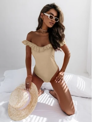 Jednoczęściowy strój kąpielowy z falbanką - ROYAL - beżowy  magmac 