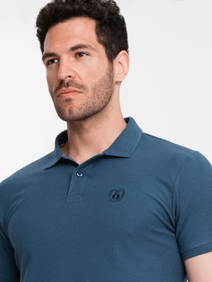 Jednokolorowa koszulka polo męska BASIC z dzianiny pique - ciemnoniebieska V13 - Rozmiar: S Ombre Clothing