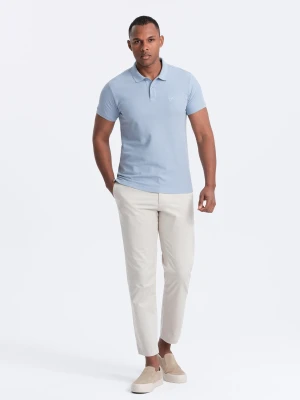 Jednokolorowa koszulka polo męska BASIC z dzianiny pique - niebieski denim V17 - Rozmiar: L Ombre Clothing