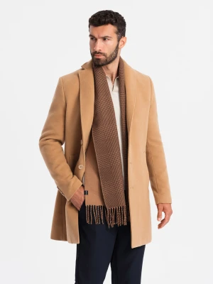 Jednorzędowy długi męski płaszcz w stylu garniturowym – jasnobrązowy V3 - Rozmiar: L Ombre Clothing