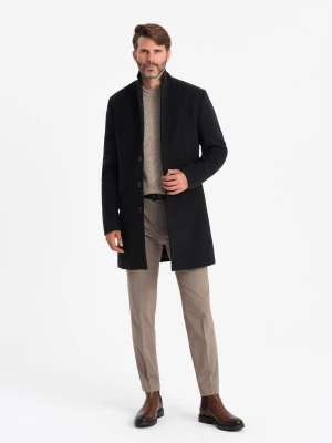 Jednorzędowy długi płaszcz męski w stylu garniturowym – czarny V1 Ombre Clothing