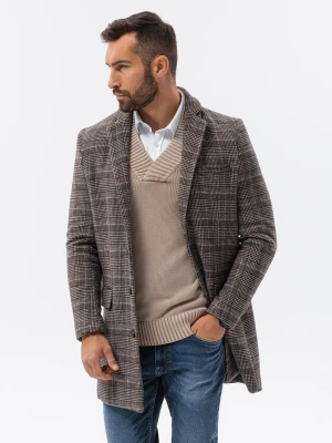 Jednorzędowy płaszcz męski w kratę - brązowy V1 Ombre Clothing