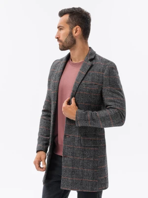 Jednorzędowy płaszcz męski w kratę - czarny V2 - Rozmiar: L Ombre Clothing