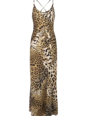 Jedwabna Sukienka w stylu midi z printem w panterkę Roberto Cavalli
