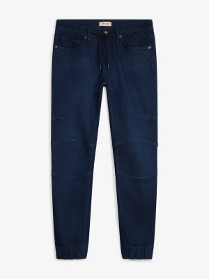 Joggersy jeansowe o kroju regular fit z regulowanym elastycznym pasem, straight BonPrix niebieski
