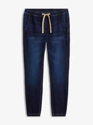 Joggery jeansowe o kroju regular fit z gumką w talii, tapered BonPrix niebieski