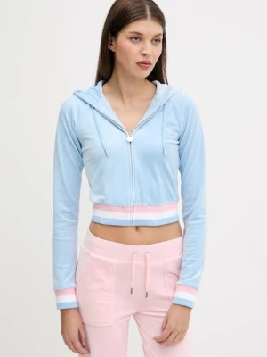 Juicy Couture bluza VELOUR CROPPED STRIPE HOODIE damska kolor niebieski z kapturem z aplikacją JCWAS225351