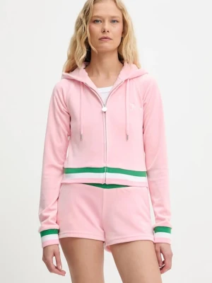 Juicy Couture bluza VELOUR CROPPED STRIPE HOODIE damska kolor różowy z kapturem z aplikacją JCWAS225351