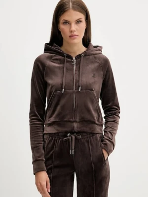 Juicy Couture bluza welurowa damska kolor brązowy z kapturem gładka JCWAS225306
