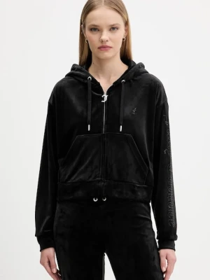 Juicy Couture bluza welurowa damska kolor czarny z kapturem gładka JCWAS225310