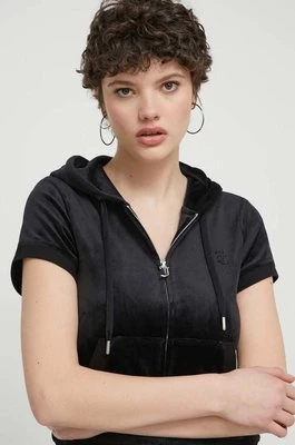 Juicy Couture bluza welurowa kolor czarny z kapturem z aplikacją