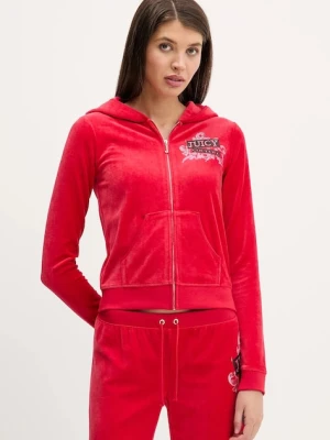 Juicy Couture bluza welurowa Wrap You Up damska kolor czerwony z kapturem z nadrukiem JCNAS126451