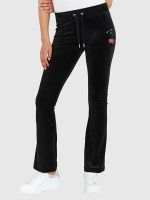 JUICY COUTURE Czarne welurowe spodnie dresowe z haftowanymi wisienkami