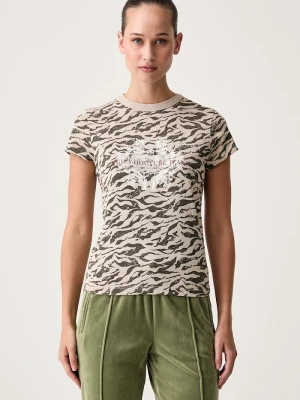 Juicy Couture T-shirt damski bawełniany CAMO ZEBRA beżowy